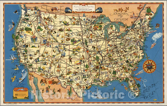 Historic Map : Good Natured Map of the United States Setting Forth the Services of The Greyhound Lines, 1940 - Vintage Wall Art