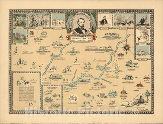 Historic Wall Map : Abraham Lincoln, 1809-1865. (Indiana, Kentucky, Illinois.) - Vintage Wall Art