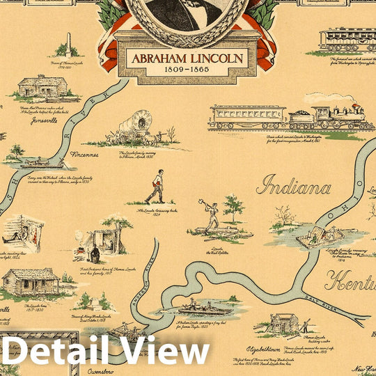 Historic Wall Map : Abraham Lincoln, 1809-1865. (Indiana, Kentucky, Illinois.) - Vintage Wall Art