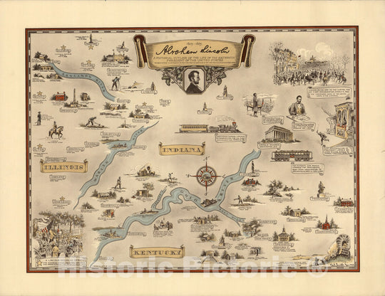 Historic Map : Abraham Lincoln, 1809-1865. Indiana, Kentucky, Illinois., 1934, Vintage Wall Decor