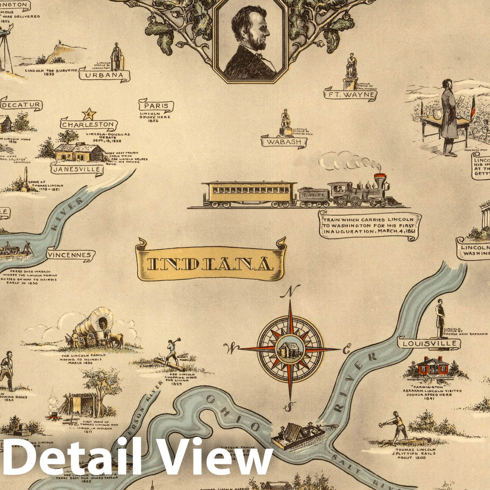 Historic Map : Abraham Lincoln, 1809-1865. Indiana, Kentucky, Illinois., 1934, Vintage Wall Decor