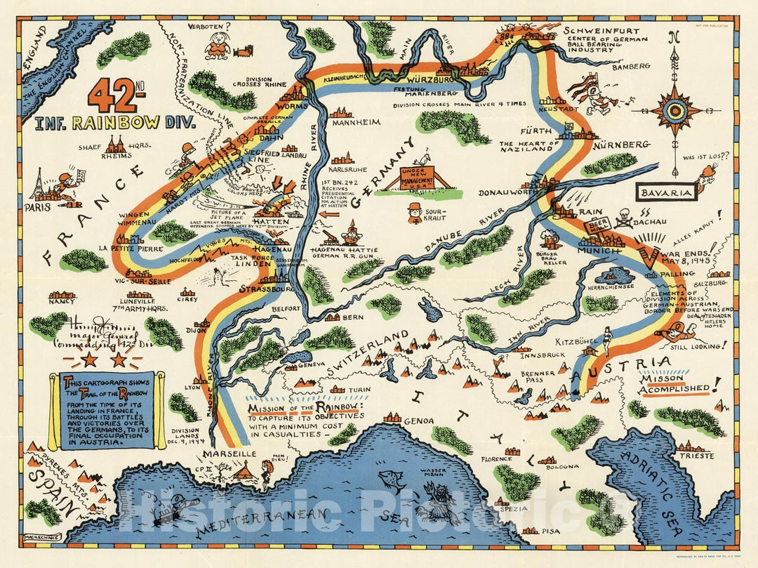 Historic Map - 42nd Inf. (Infantry), Rainbow Div. (Division), (U.S. Army). 1945, Historic Map - Vintage Wall Art