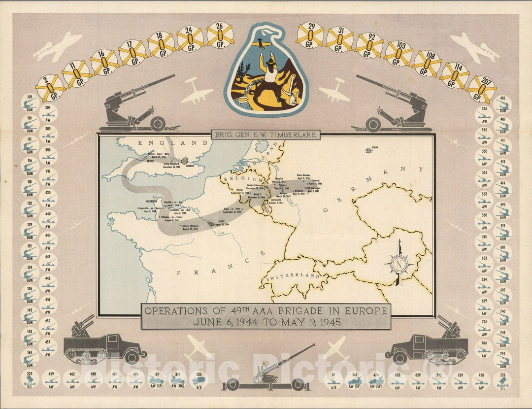 Historic Map : Operations of 49th AAA (Antiaircraft Artillerymen) Brigade in Europe, June 6, 1944 to May 9, 1945. 1945 - Vintage Wall Art