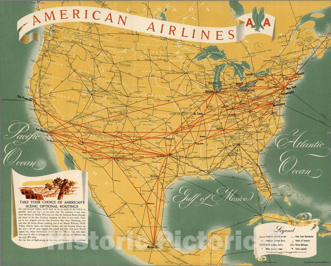 Historic Map : American Airlines (AA) North America Route Map, 1949 - Vintage Wall Art