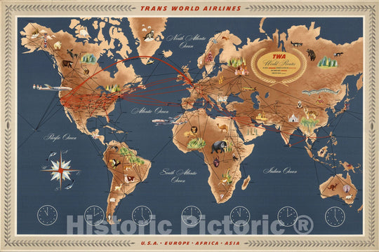 Historic Map : Trans World Airlines. TWA World Routes. U.S.A. ? Europe ? Africa ? Asia. 1957 - Vintage Wall Art