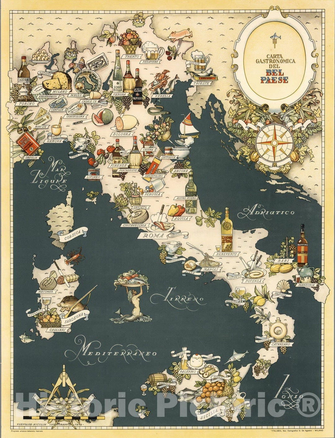 Historic Map : Italy, Carta Gastronomica de Bel Paese, Italy. 1949 , Vintage Wall Art