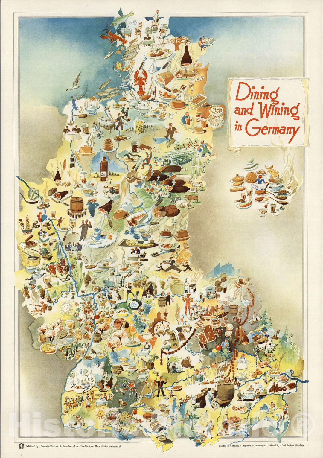 Historic Map : Dining and Wining in Germany. 1950 - Vintage Wall Art