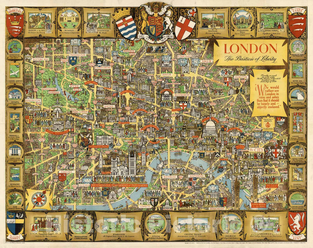 Historic Map : London, The Bastion of Liberty. 1946 - Vintage Wall Art