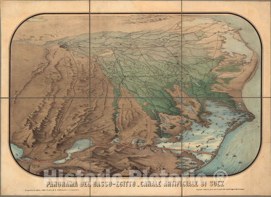 Historic Map : Egypt, Suez Canal (Egypt) Panorama del Basso-Egitto - Canale Artificiale di Suez 1869 , Vintage Wall Art