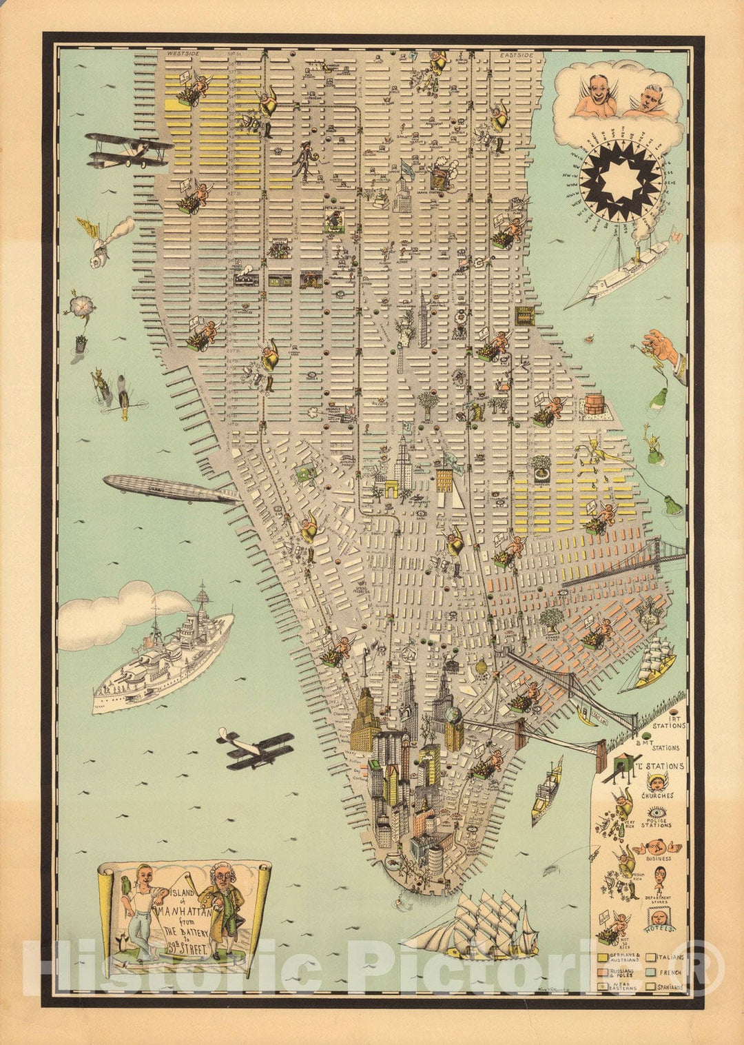 Historic Map : Island of Manhattan from the Battery to 59th Street 1927 - Vintage Wall Art