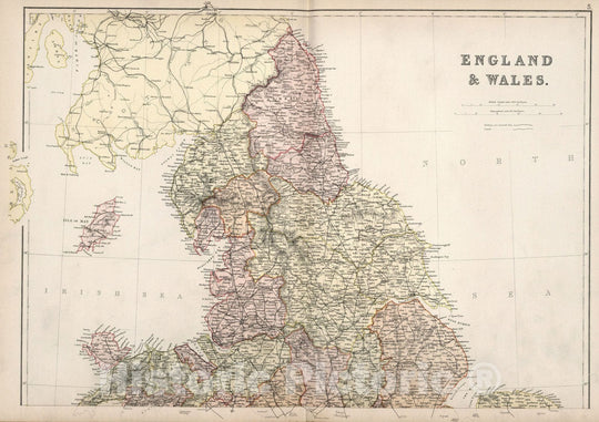 Historic Map : World Atlas Map, England & Wales (northern half). 1882 - Vintage Wall Art