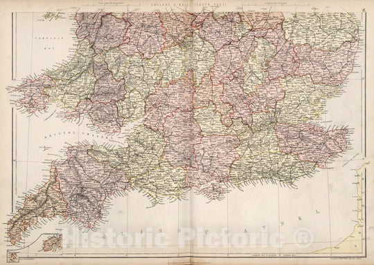 Historic Map : World Atlas Map, England & Wales (southern half). 1882 - Vintage Wall Art