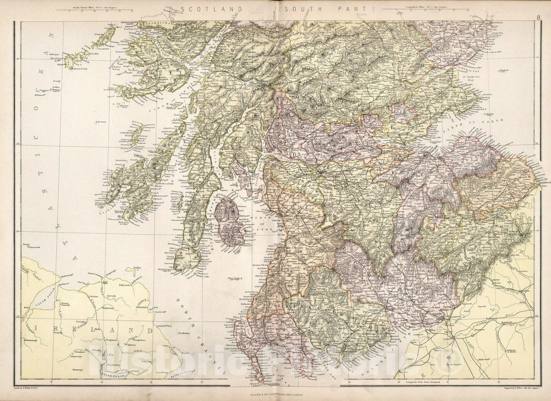 Historic Map : World Atlas Map, Scotland (southern half). 1882 - Vintage Wall Art