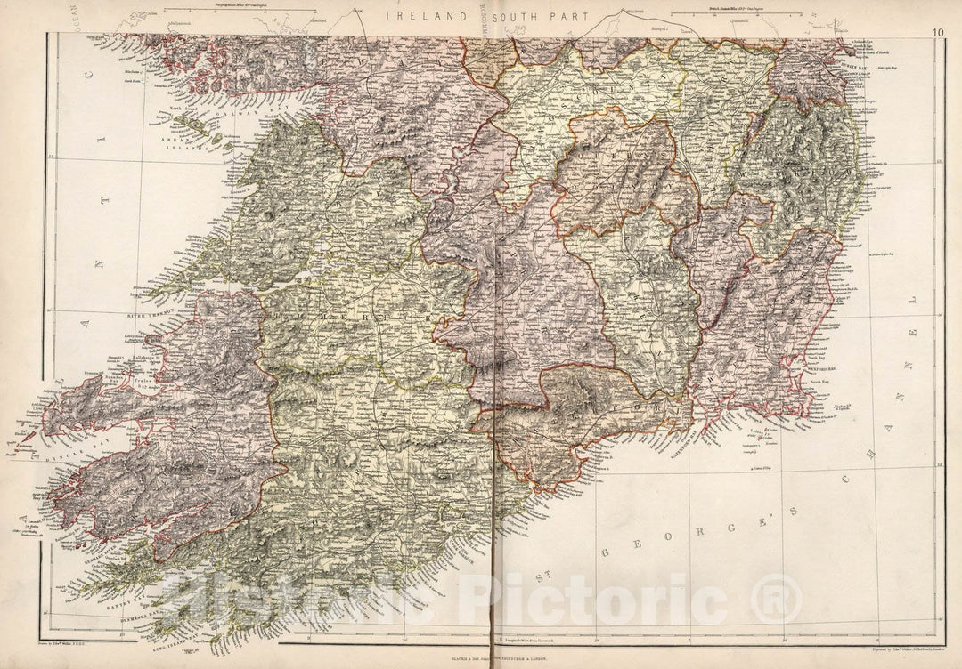 Historic Wall Map : World Atlas Map, Ireland (southern half). 1882 - Vintage Wall Art