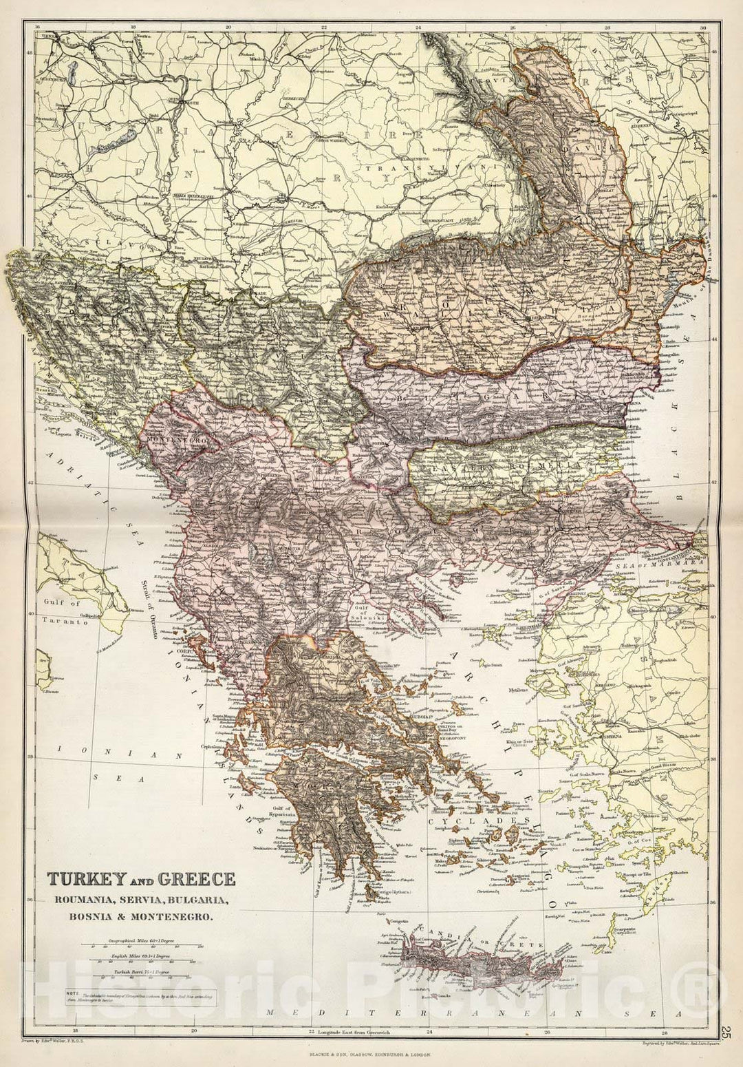 Historic Map : World Atlas Map, Turkey and Greece, Roumania, Servia, Bulgaria, Bosnia & Montenegro. 1882 - Vintage Wall Art