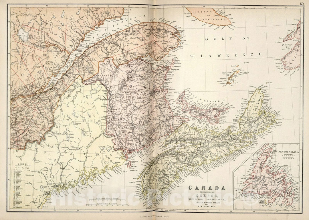 Historic Map : World Atlas Map, Canada, the Provinces of Quebec, Nova Scotia, New Brunswick, Prince Edward Island, and Newfoundland. 1882 - Vintage Wall Art