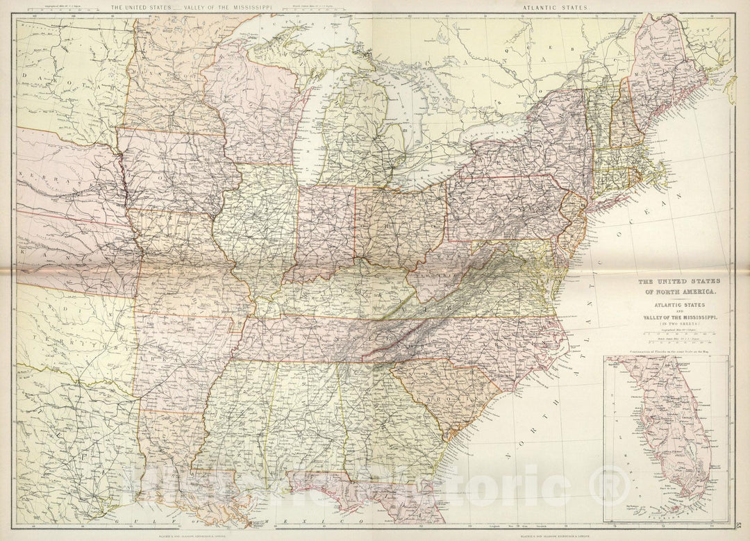 Historic Map : Composite Map: The United States of North America. Atlantic States and Valley of the Mississippi, 1882 - Vintage Wall Art