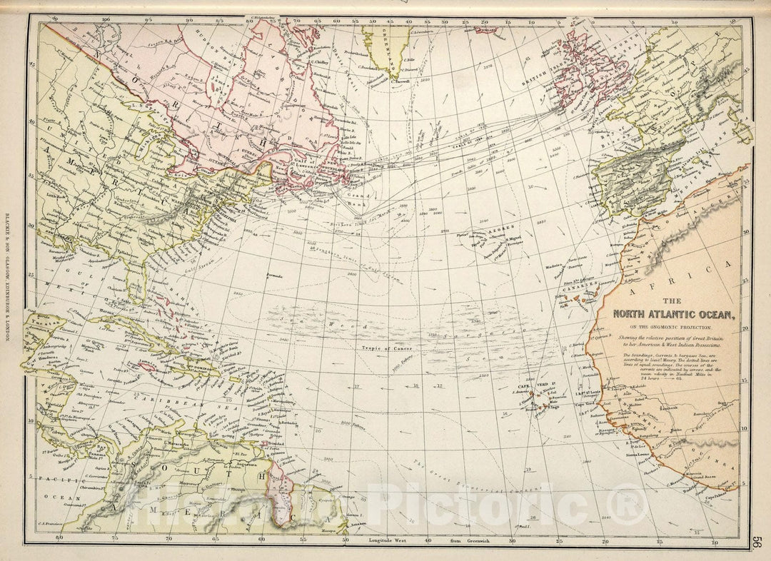 Historic Map : World Atlas Map, North Atlantic Ocean. 1882 - Vintage Wall Art