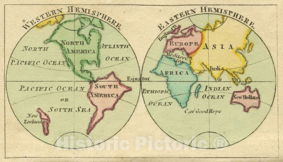 Historic Map : School Atlas Map, Western Hemisphere. Eastern Hemisphere. 1800 - Vintage Wall Art