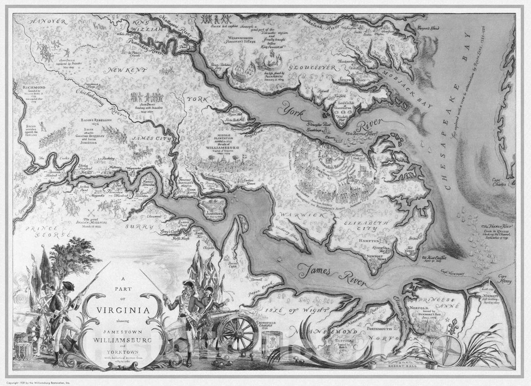 Historic Map - A Part of Virginia showing Jamestown, Williamsburg and Yorktown, with historical events from 1585-1781, Historic Map - Vintage Wall Art