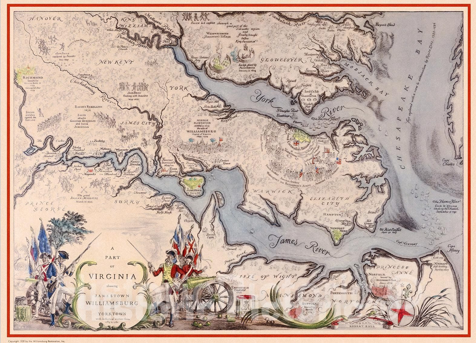 Historic Map - A Part of Virginia showing Jamestown, Williamsburg and Yorktown, with historical events from 1585-1781, Historic Map - Vintage Wall Art