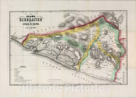 Historic Map : Mexico, Colima (Mexico : State) Pocket Map, No. 1: Cuadro Geografico Estadistico del estado del Colima 1863 , Vintage Wall Art