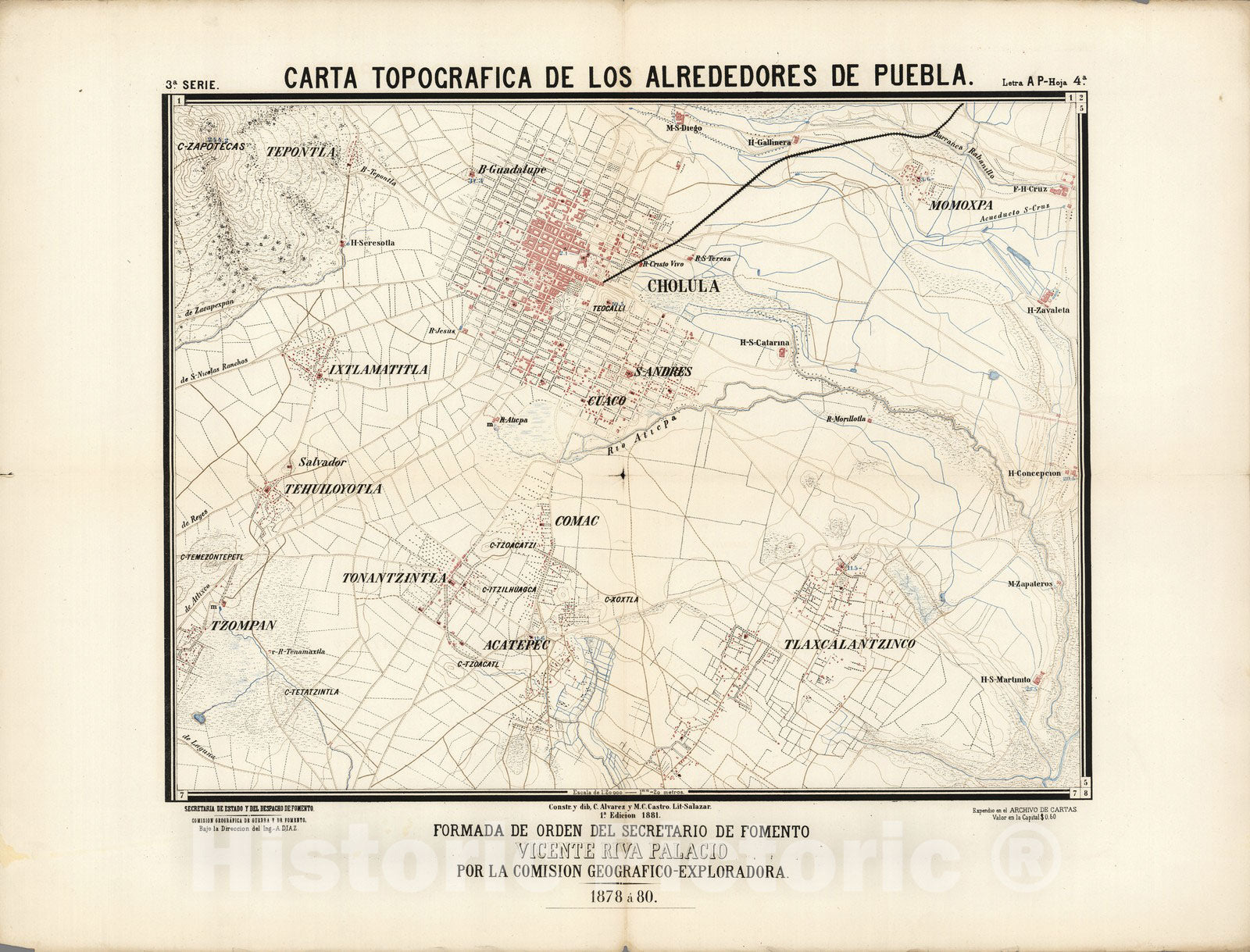 Historic Map : Mexico, Puebl (Mexico : State) Carta topografica de Los alrededores de Puebla. 1a. Edicion 1881 1881 , Vintage Wall Art