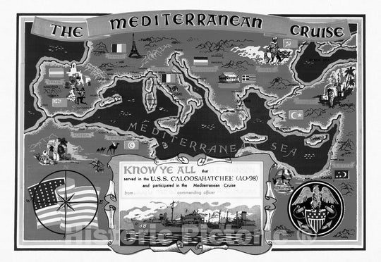 Historic Map : The Mediterranean cruise map know ye all that served in the U.S.S. Caloosahatchee, 1951 - Vintage Wall Art