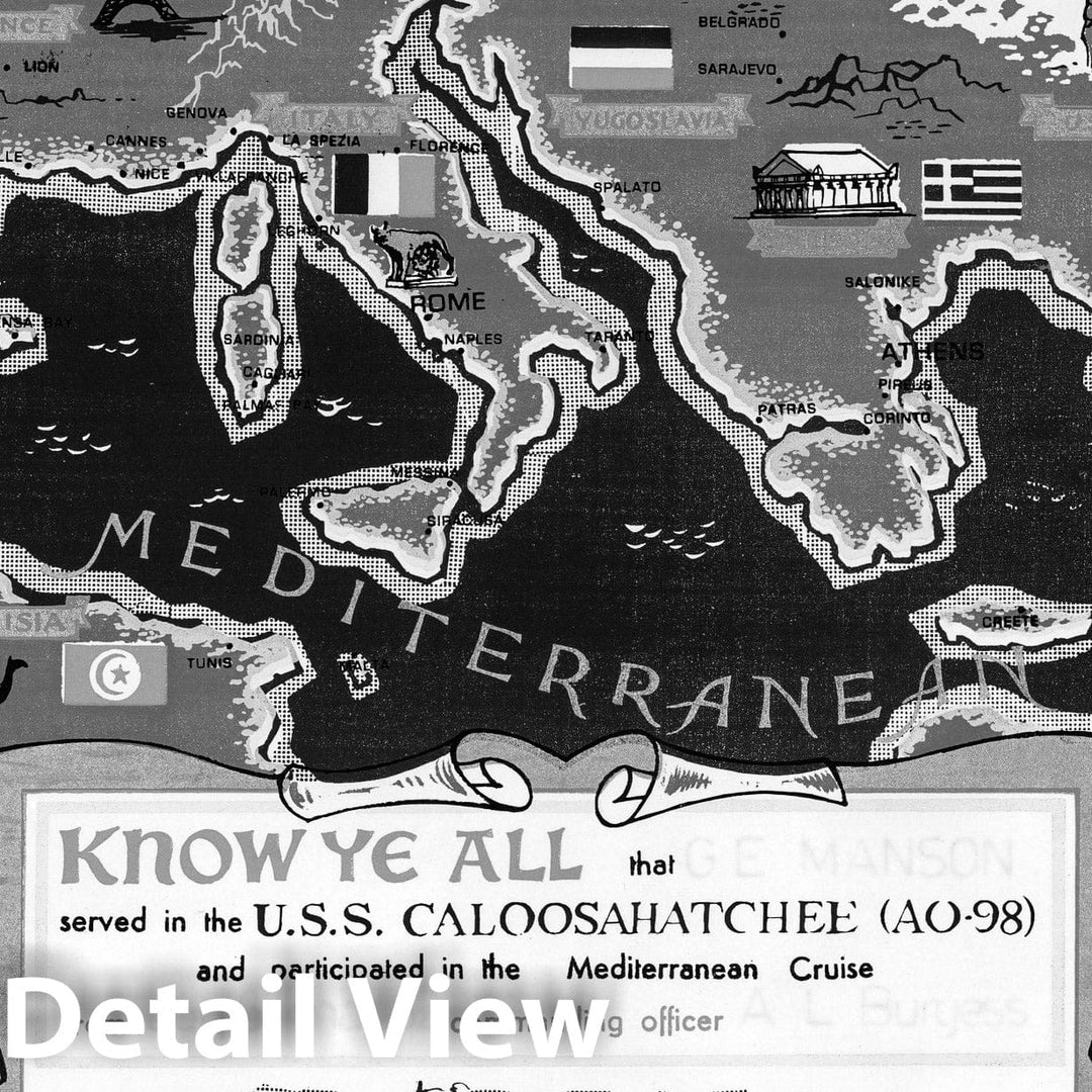 Historic Map : The Mediterranean cruise map know ye all that served in the U.S.S. Caloosahatchee, 1951 - Vintage Wall Art