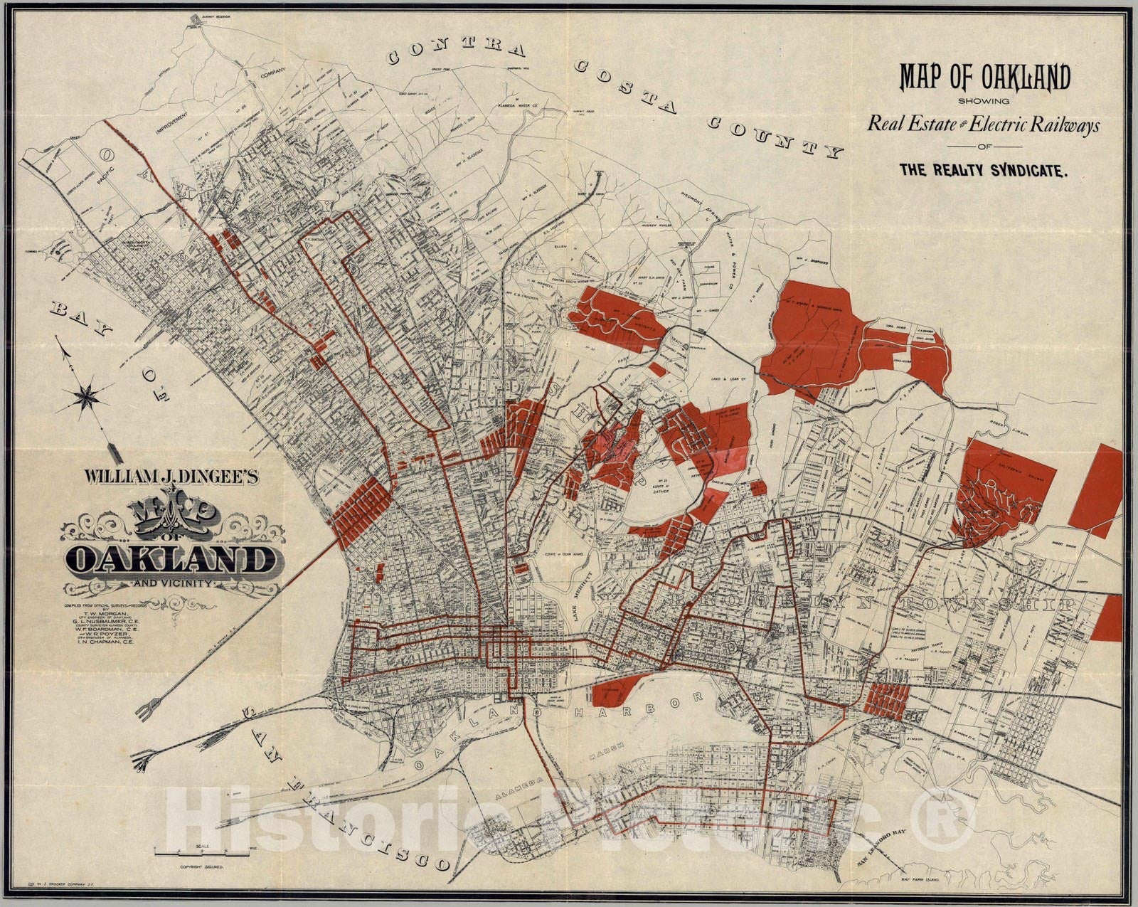 Historic Map - Map of Oakland and vicinity, Showing Real Estate & Electric Railways, 1899, - Vintage Wall Art