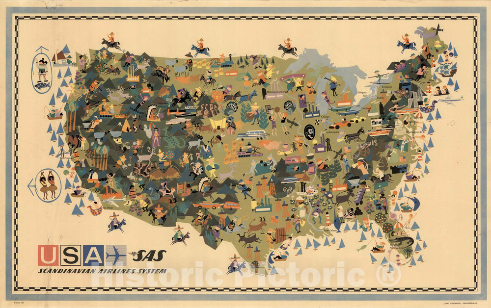 Historic Map - USA - SAS : Scandinavian Airlines System 1961 - Vintage Wall Art