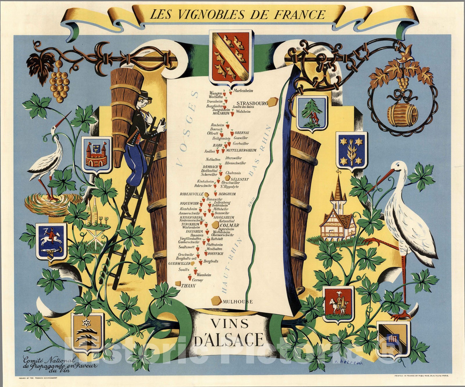 Historic Map : France, Les Vignobles de France - Vins d'Alsace. R. Hetreau 1950 , Vintage Wall Art