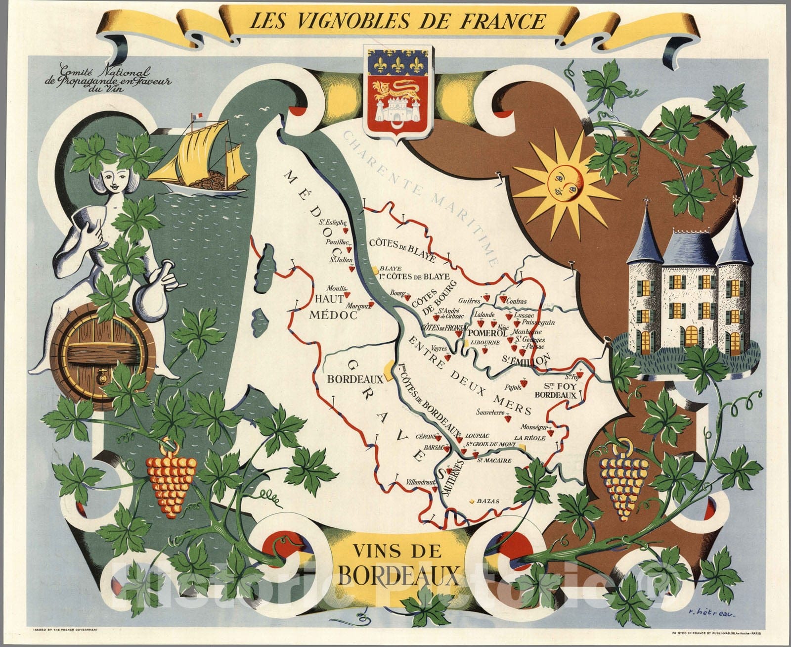 Historic Map : France, Les Vignobles de France - Vins d'Bordeaux. R. Hetreau 1950 , Vintage Wall Art