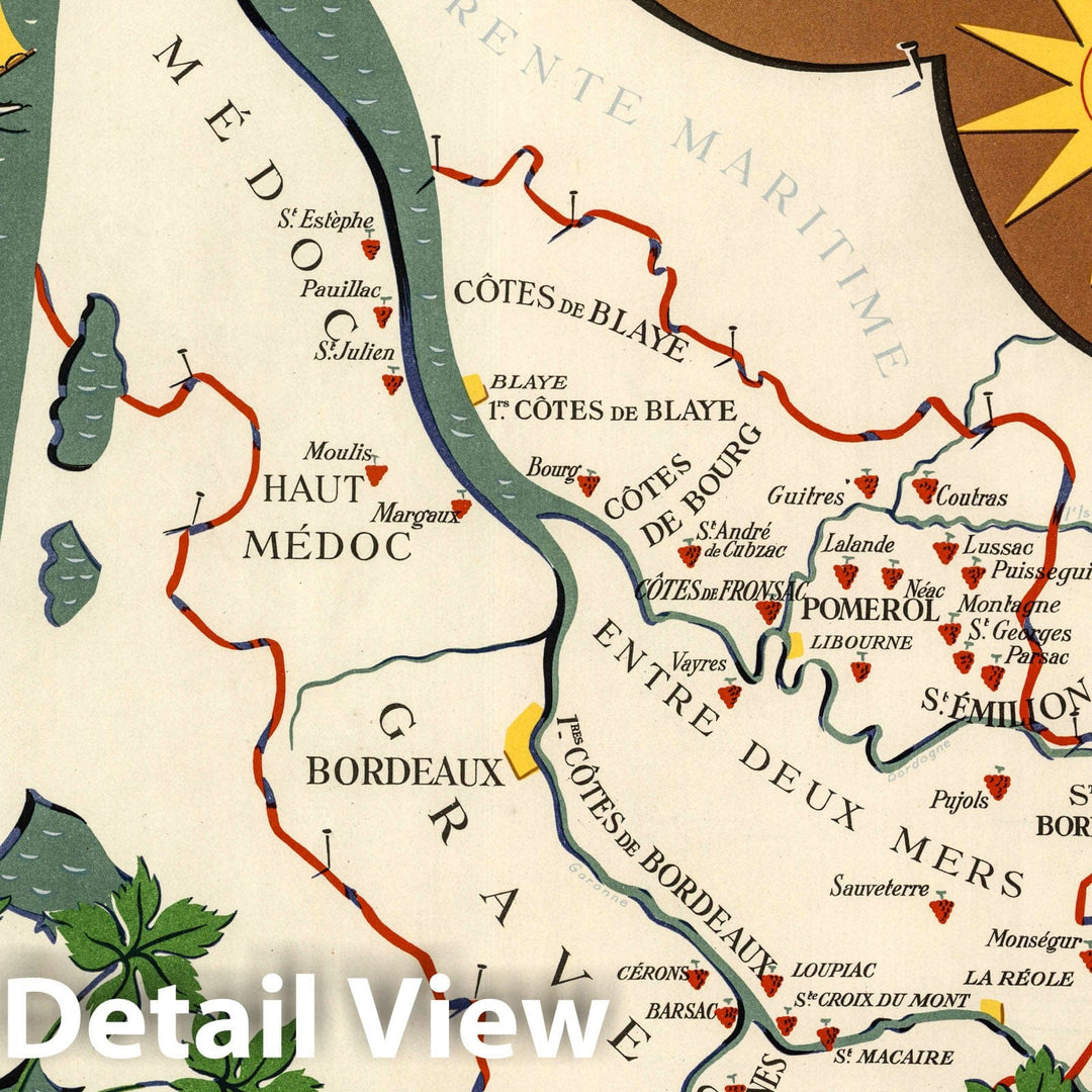 Historic Map : France, Les Vignobles de France - Vins d'Bordeaux. R. Hetreau 1950 , Vintage Wall Art