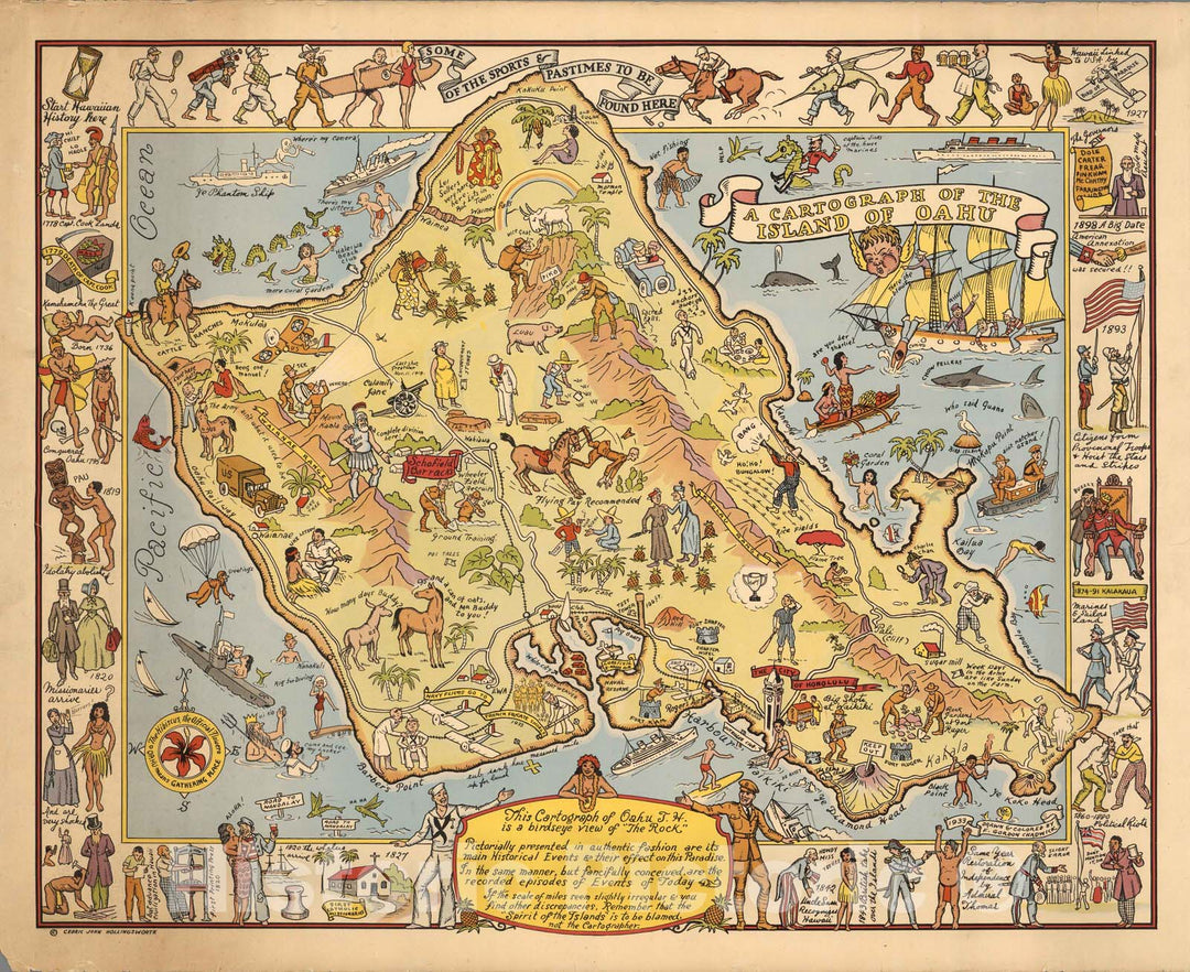 Historic Map : A cartograph of the Island of Oahu. Drawn & colored by F. Gordon Chadwick 1933 - Vintage Wall Art