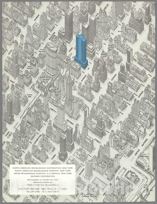 Historic Map : Map of Midtown Manhattan, New York City. North American Reinsurance Corp, 1960 - Vintage Wall Art