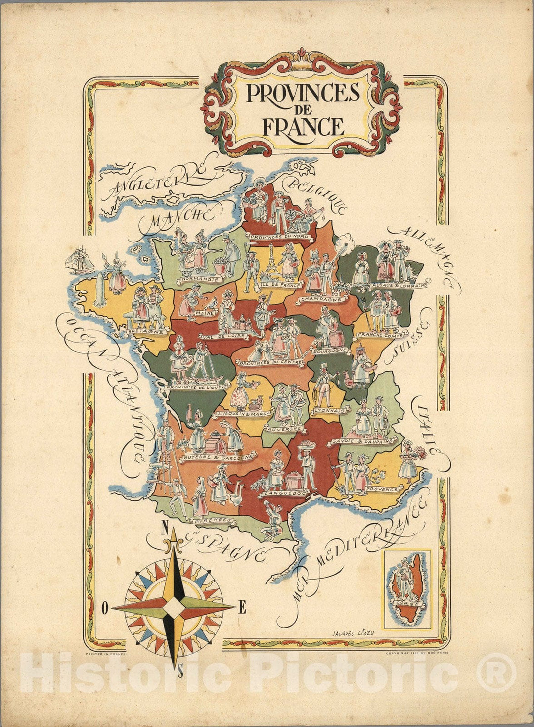 Historic Map : France, Provinces de France. Jacques Liozu 1951 , Vintage Wall Art