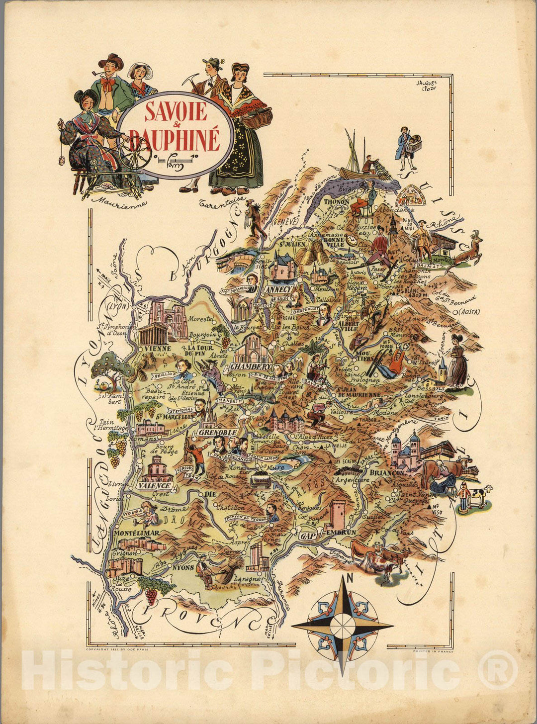 Historic Map : France, Savoie , Savoie & Dauphine. Jacques Liozu 1951 , Vintage Wall Art