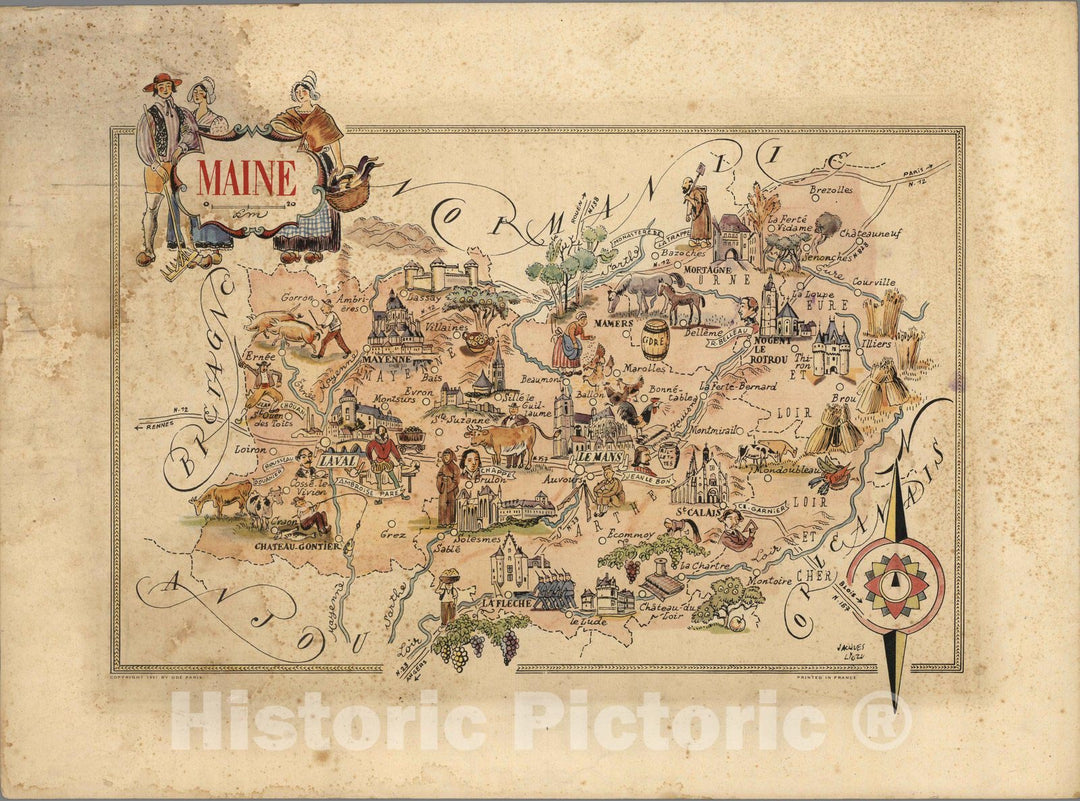 Historic Map : France, Maine-et-Loire Region Maine. Jacques Liozu 1951 , Vintage Wall Art