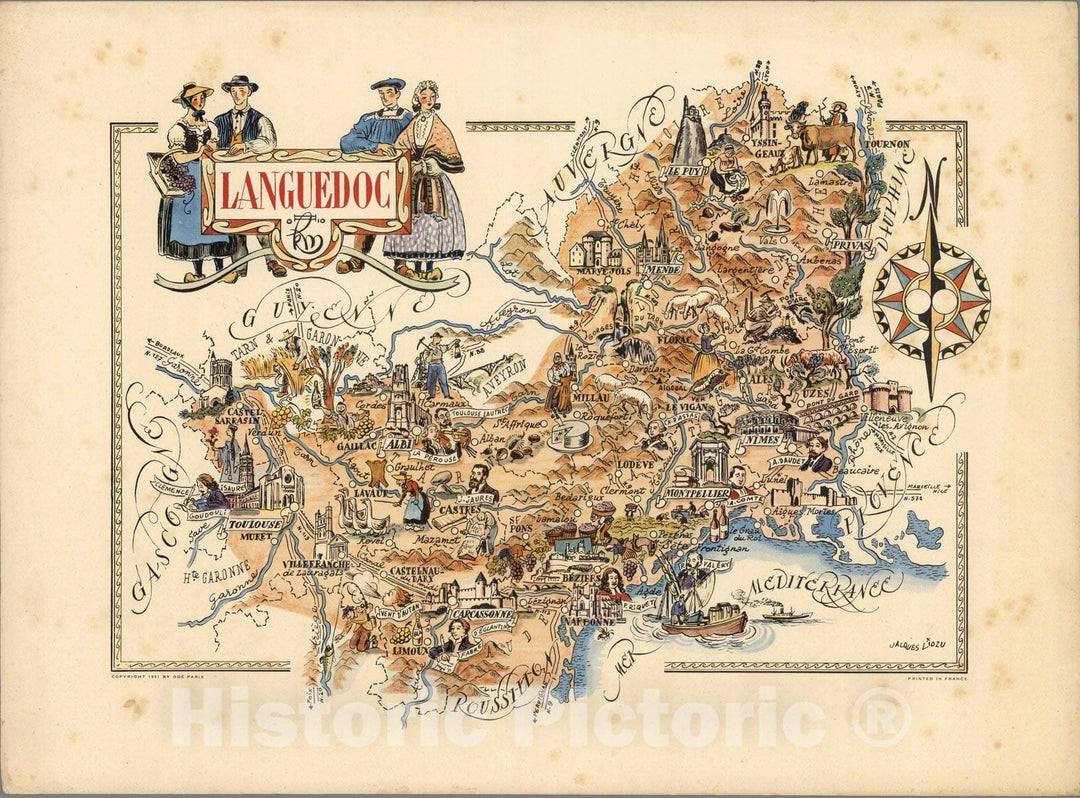 Historic Map : France, Languedoc , Languedoc. Jacques Liozu 1951 , Vintage Wall Art