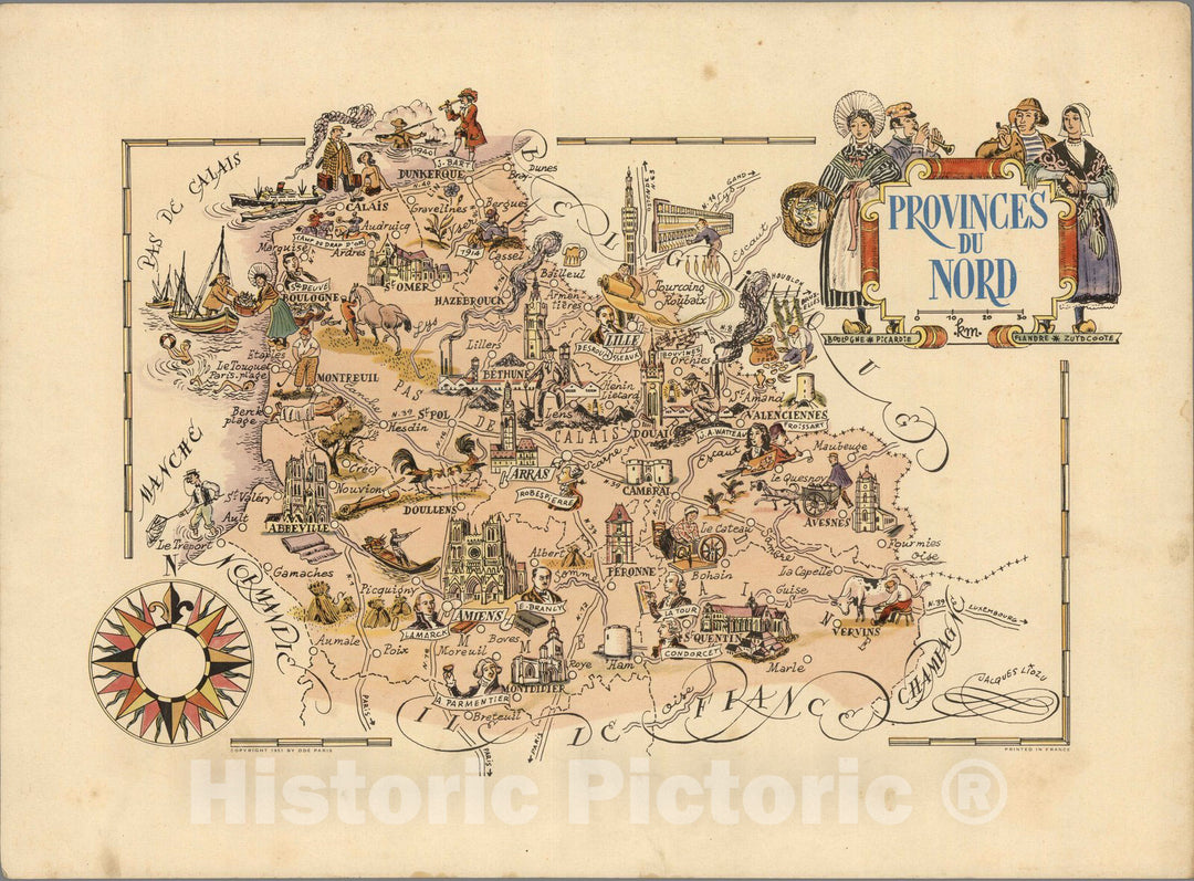 Historic Map : France, Nord??Pas-de-Calais region , France Province du Nord. Jacques Liozu 1951 , Vintage Wall Art