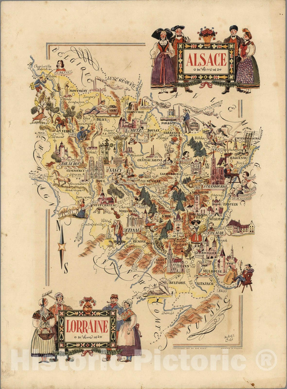 Historic Map : France, Alsace , Alsace. Lorraine. Jacques Liozu 1951, Historic Map , Vintage Wall Art