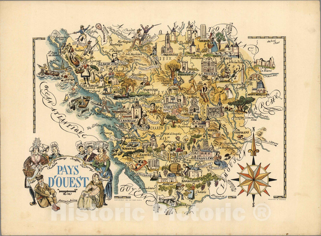 Historic Map : France, Pays de la Loire , Pays d'Ouest. Jacques Liozu 1951 , Vintage Wall Art