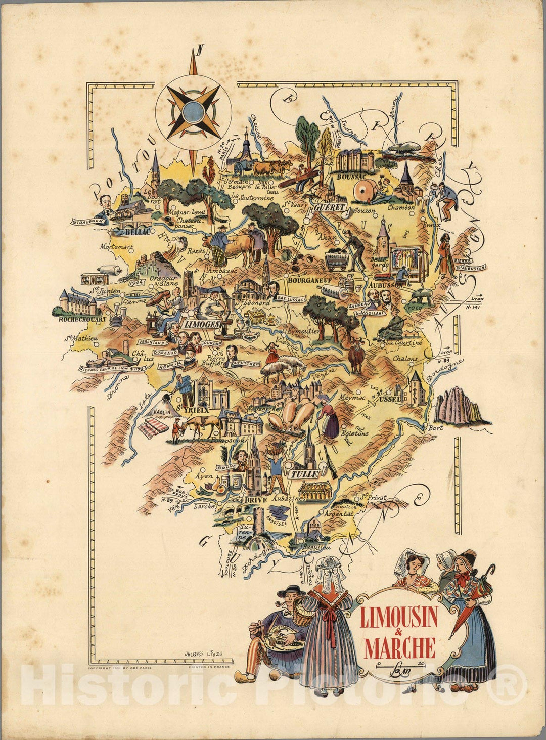 Historic Map : France, Limousin , Limousin & Marche. Jacques Liozu 1951 , Vintage Wall Art