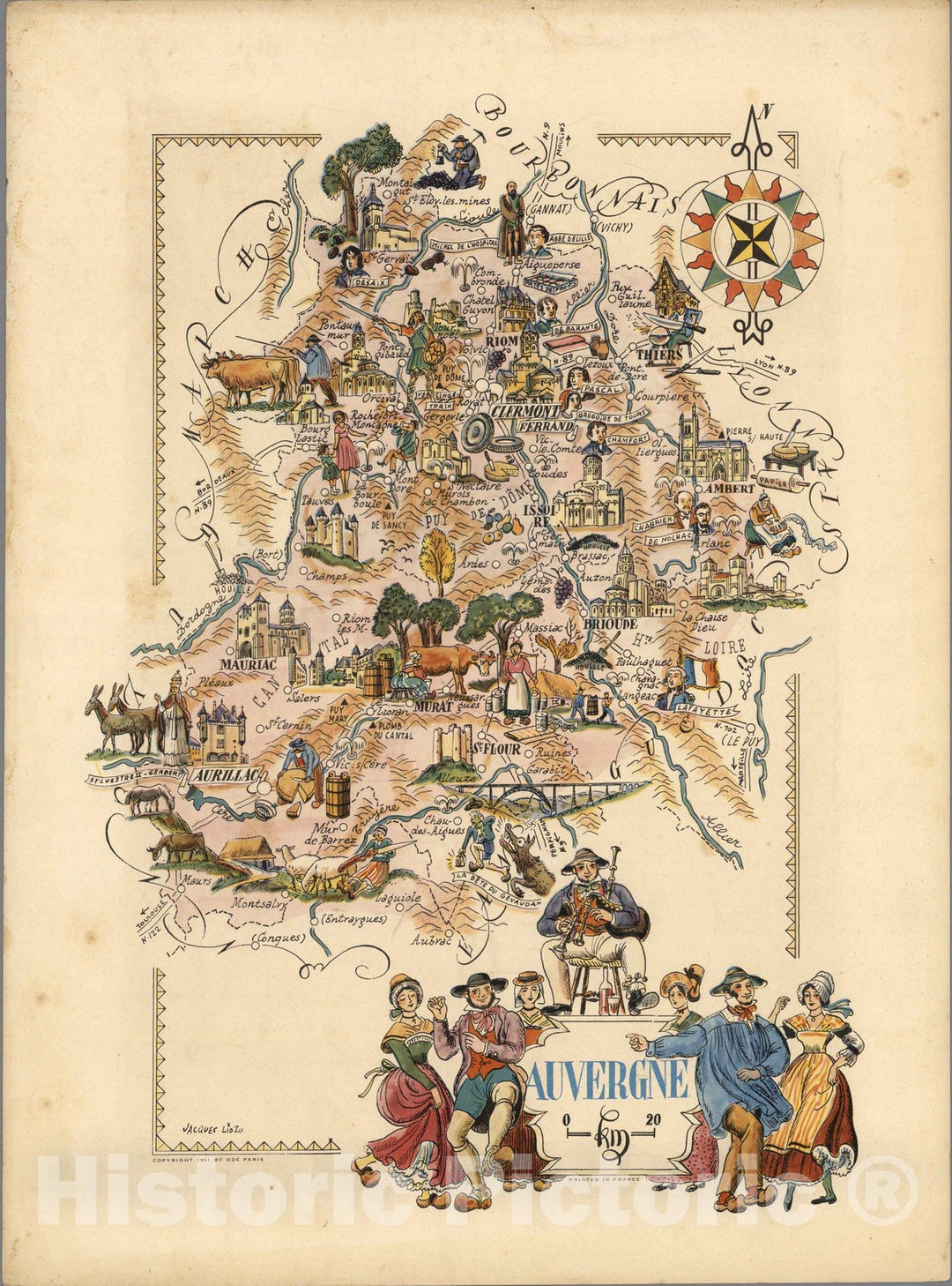 Historic Map : France, Auvergne , Auvergne. Jacques Liozu 1951 , Vintage Wall Art