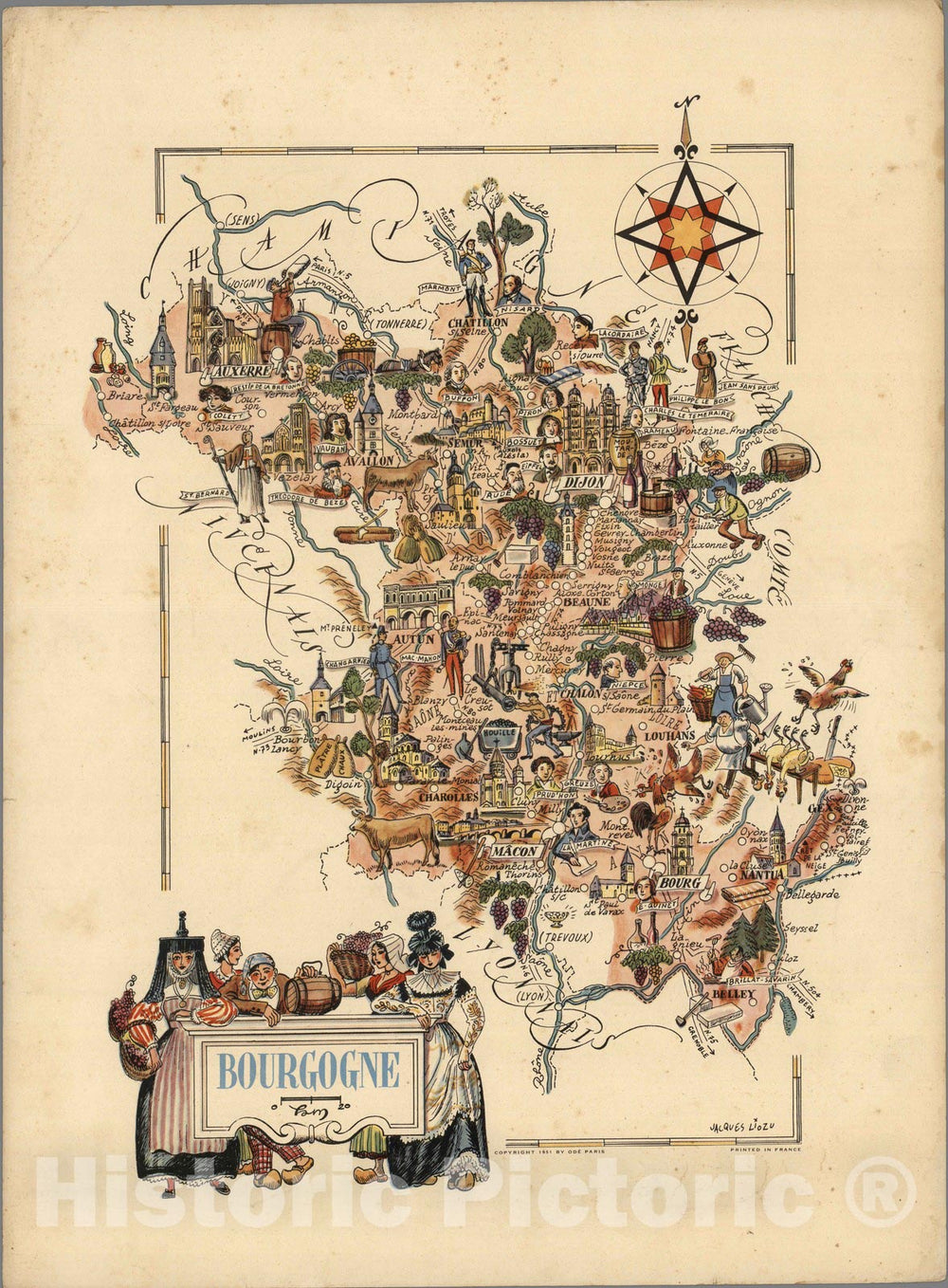 Historic Wall Map : France, Bourgogne. Jacques Liozu 1951 , Vintage Wall Art