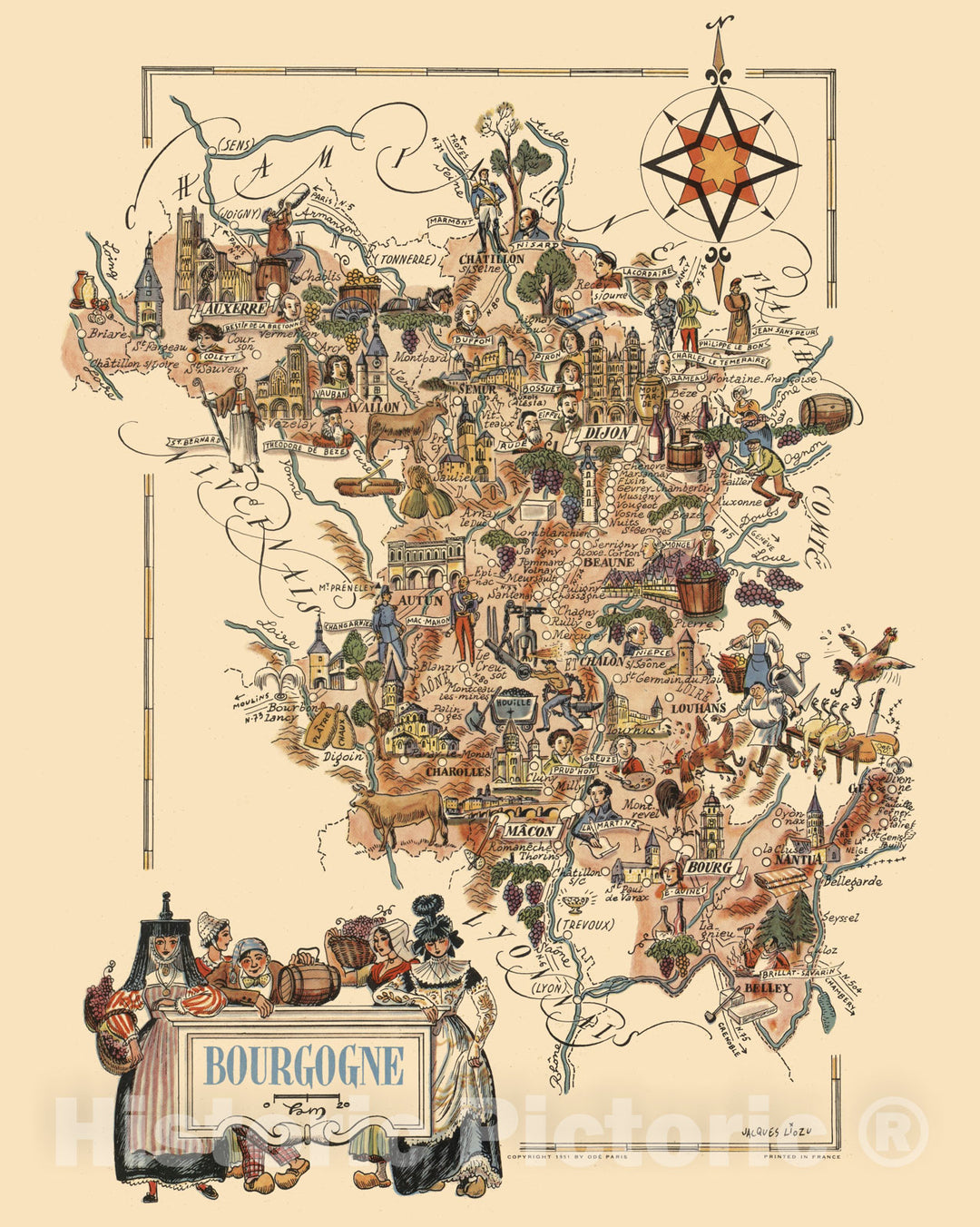 Historic Wall Map : France, Bourgogne. Jacques Liozu 1951 , Vintage Wall Art