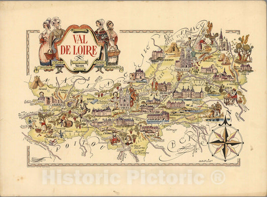 Historic Wall Map : France, Loire River Valley , France Val de Loire. Jacques Liozu 1951 , Vintage Wall Art