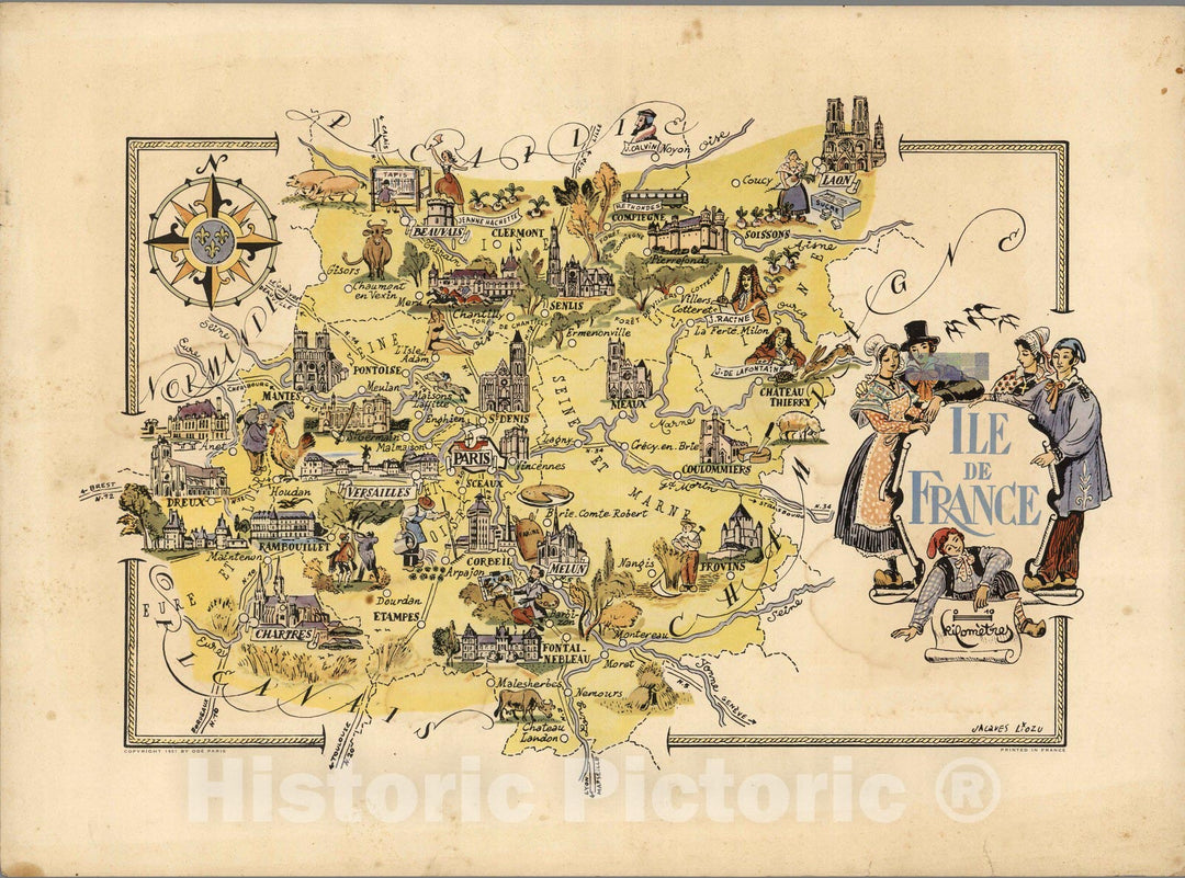 Historic Map : France, Ile de France. Jacques Liozu 1951 , Vintage Wall Art