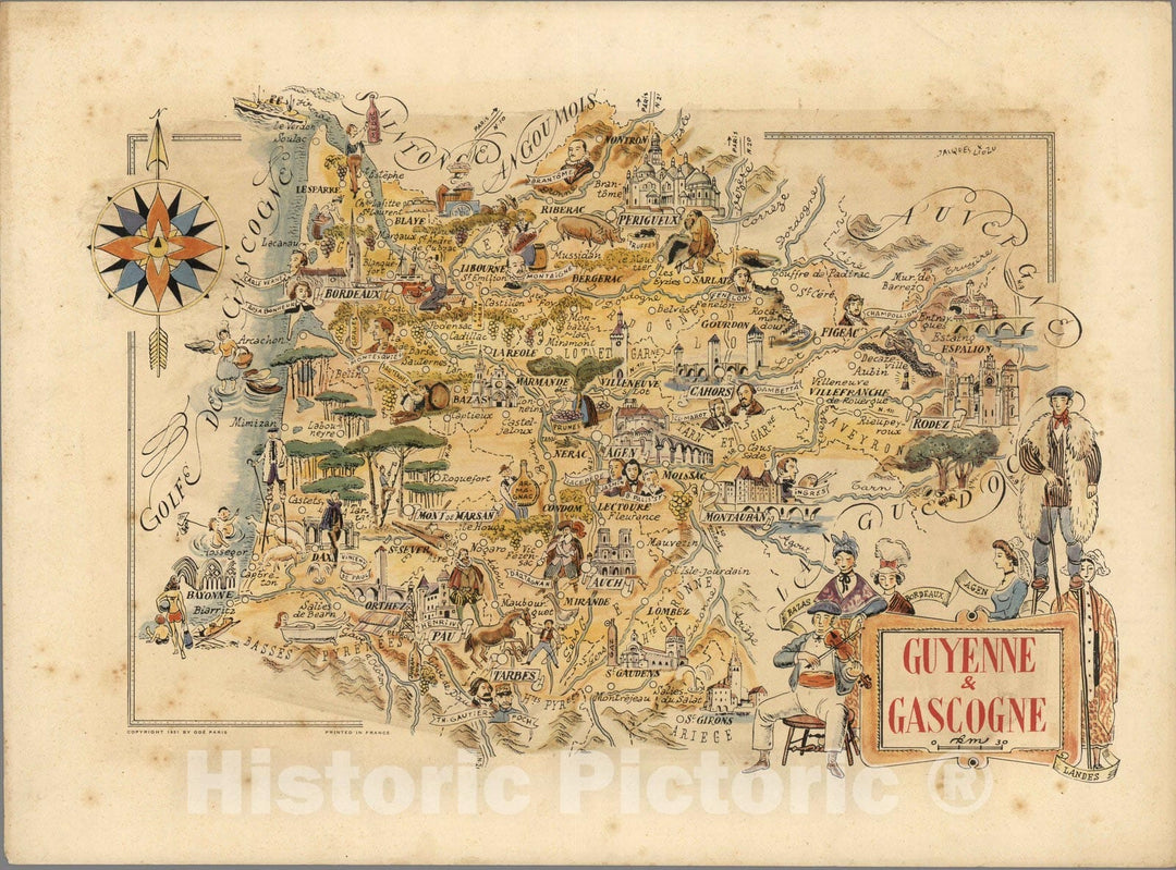 Historic Map : France, Guyenne , France Guyenne & Gascogne. Jacques Liozu 1951 , Vintage Wall Art